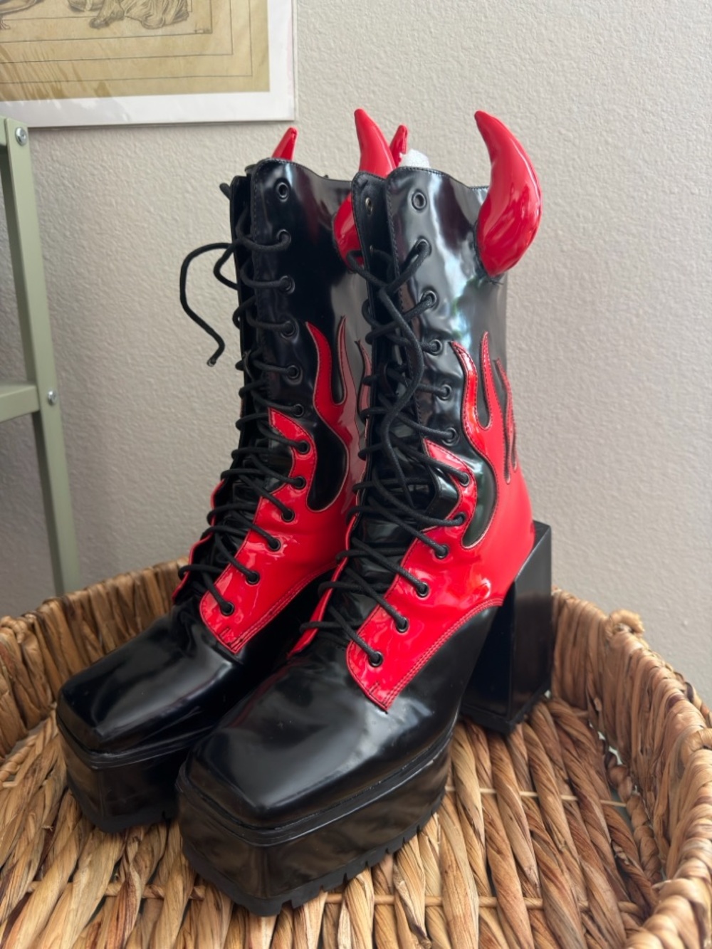 Red flame/ devil horn heeled boots